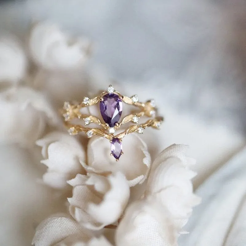 Vintage Amethyst Romantic Silver Set Diamond Stacked Adjustable Ring