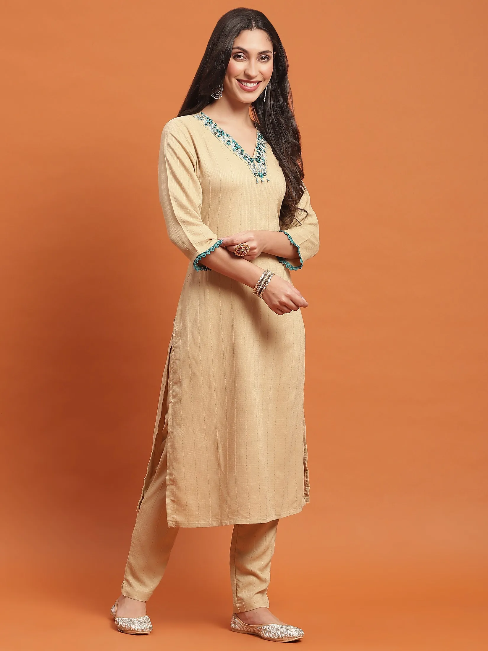 Women Beige Embroidered Kurta Trouser Dupatta