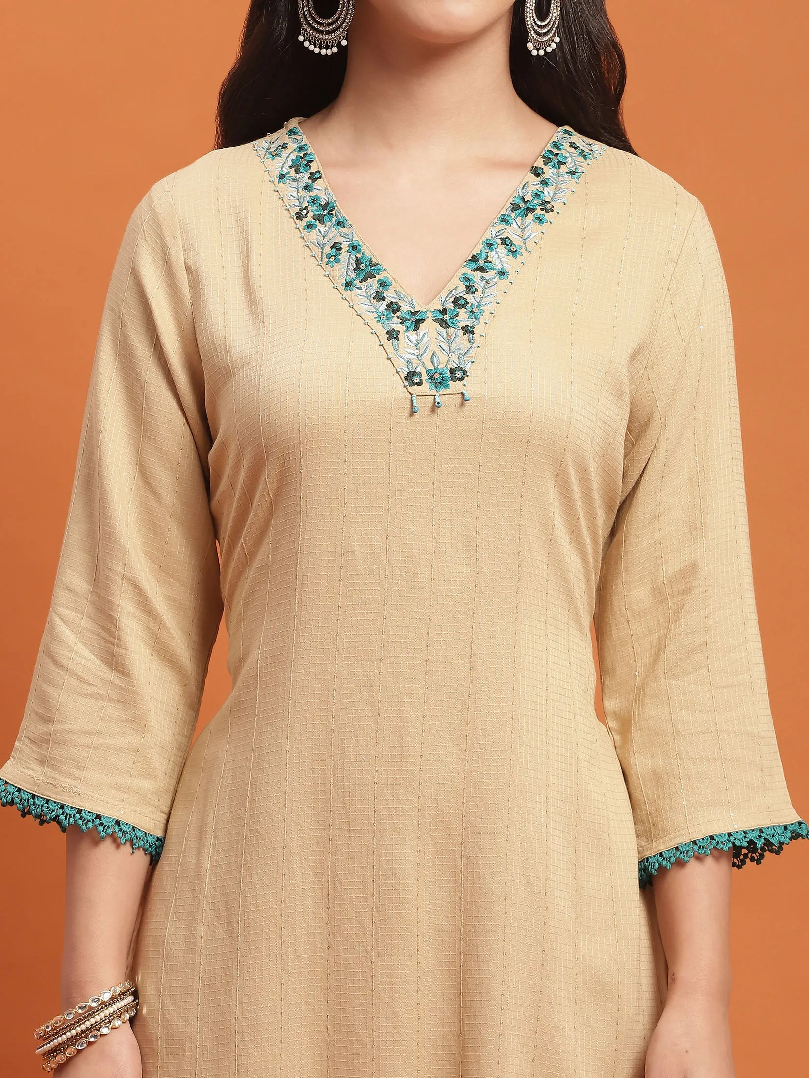 Women Beige Embroidered Kurta Trouser Dupatta