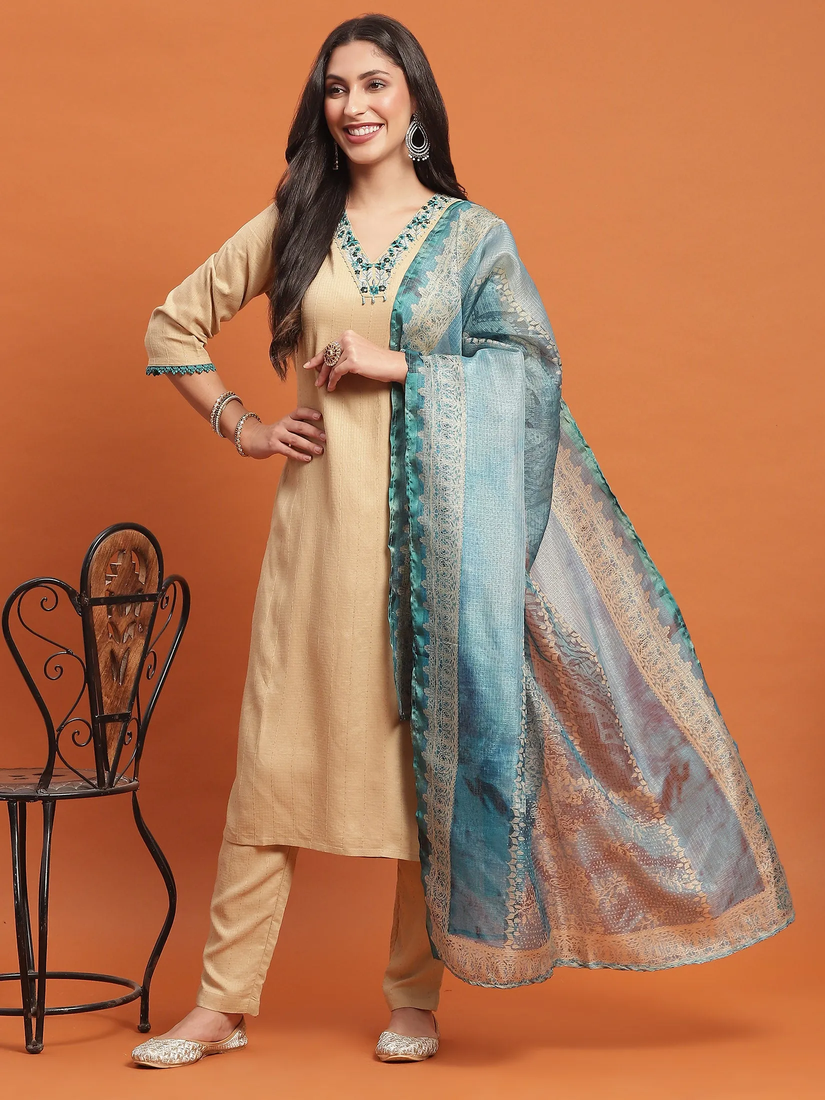 Women Beige Embroidered Kurta Trouser Dupatta