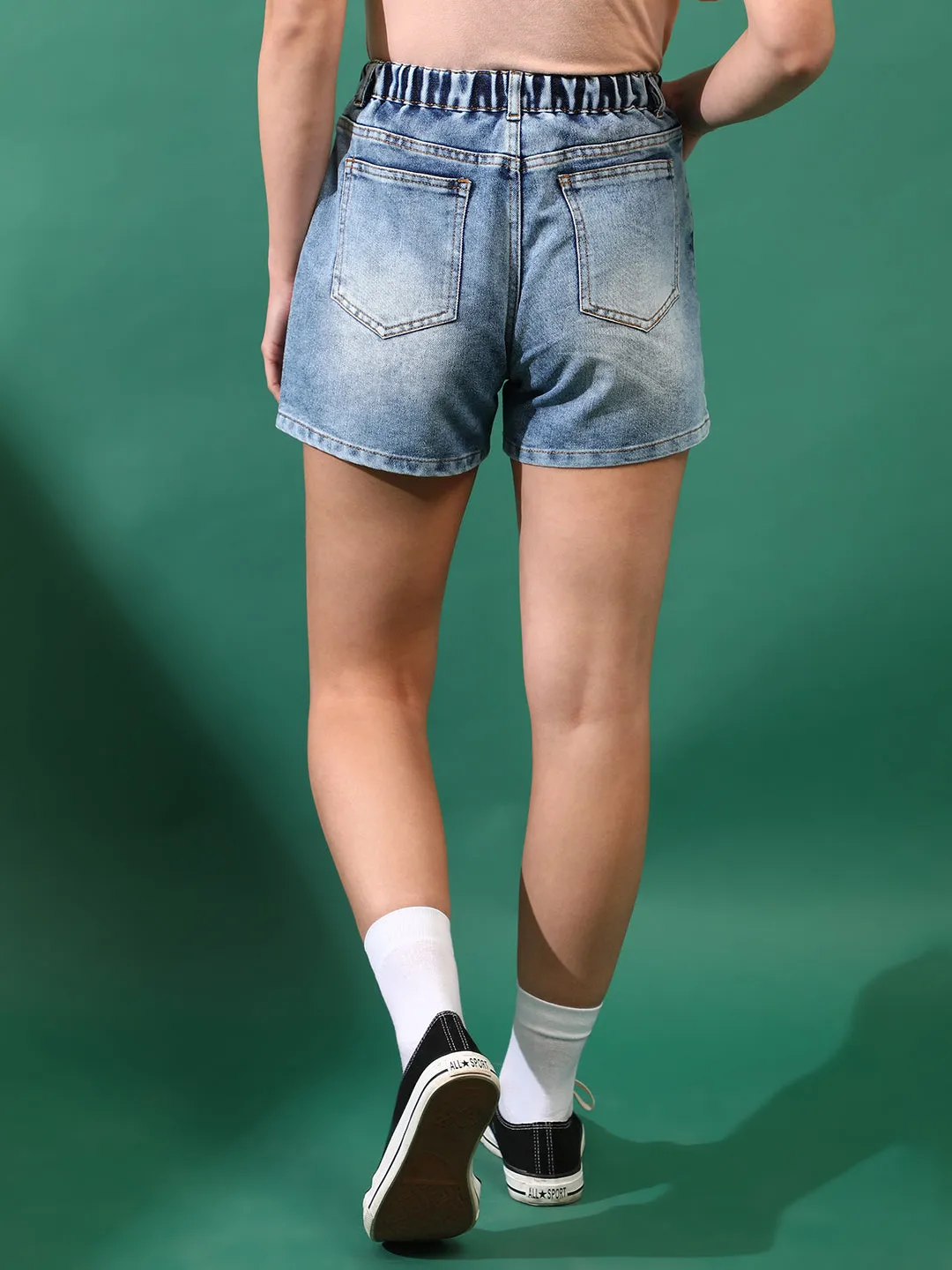 Women Denim solid Blue Shorts