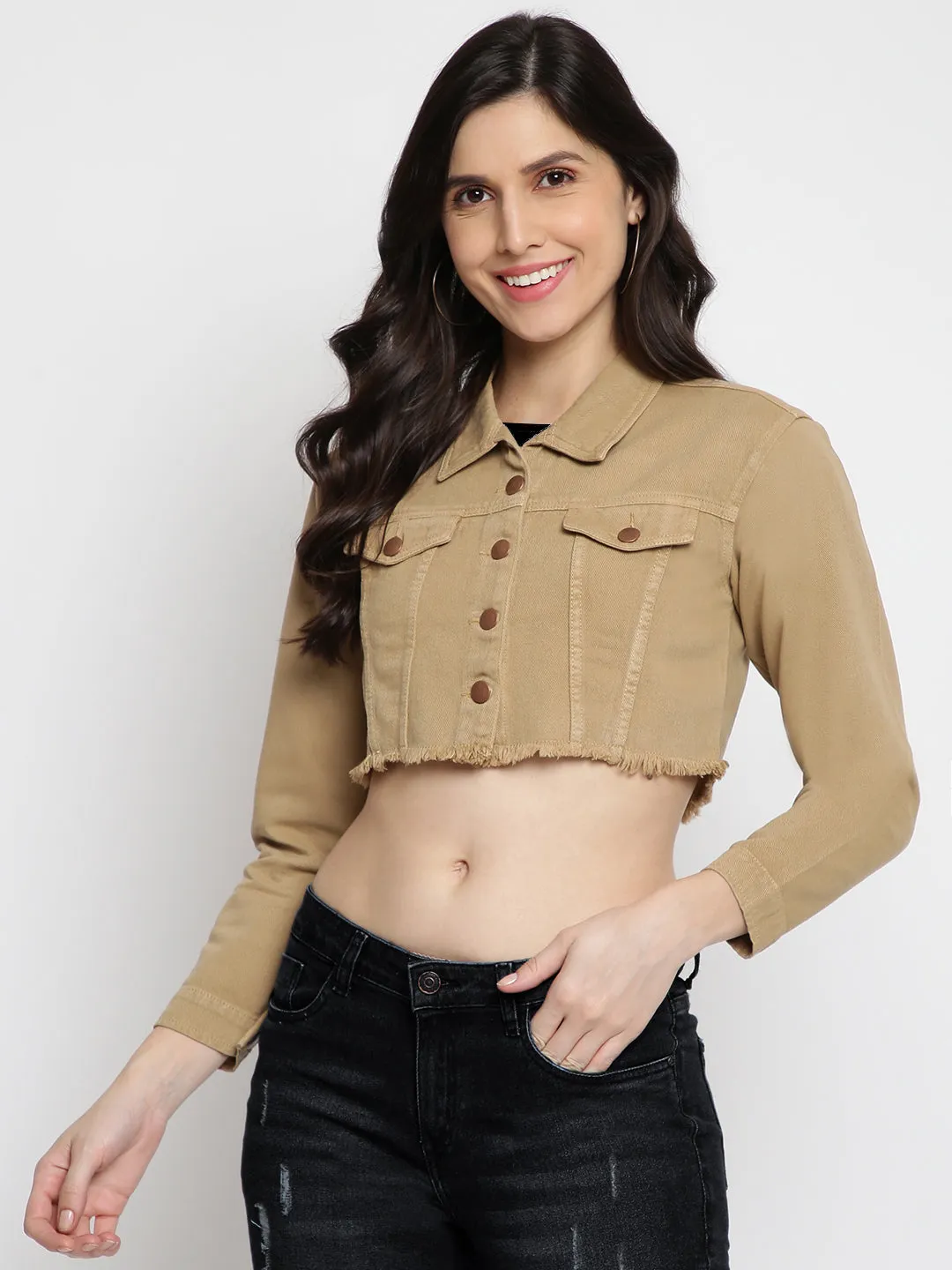 Women Khaki Cropped Denim Jacket