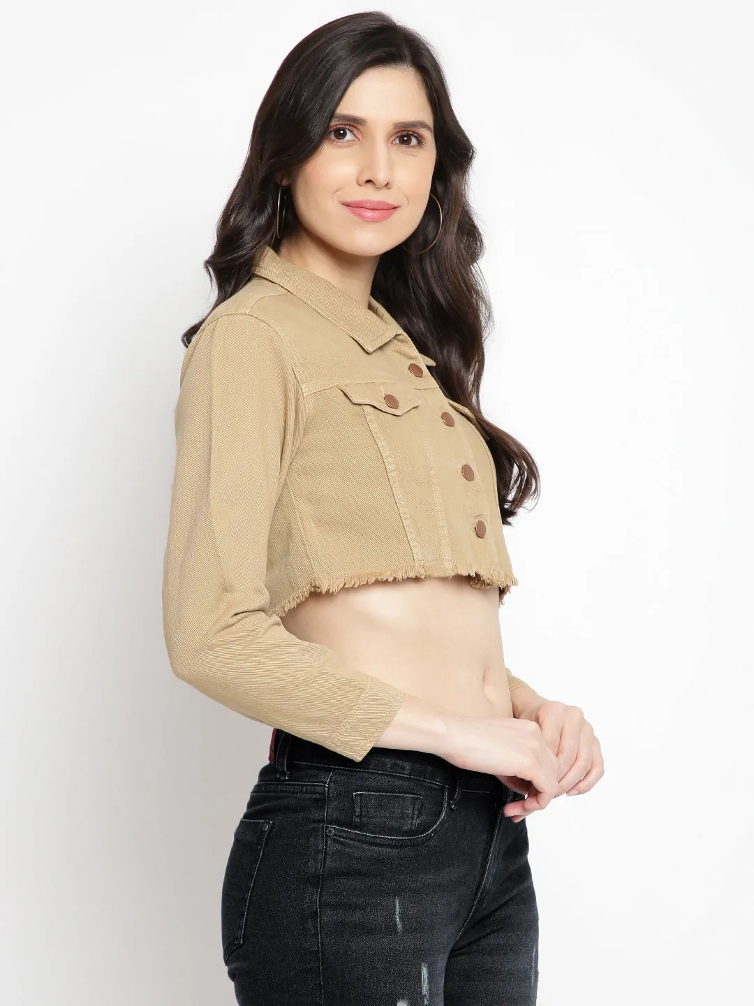 Women Khaki Cropped Denim Jacket