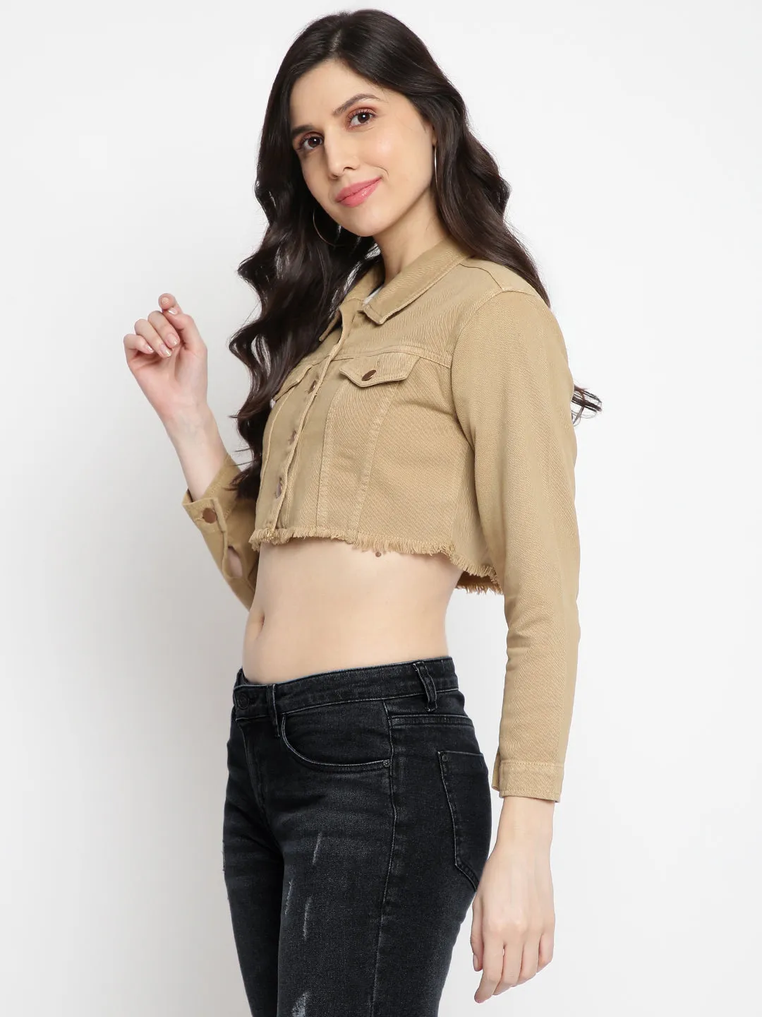 Women Khaki Cropped Denim Jacket