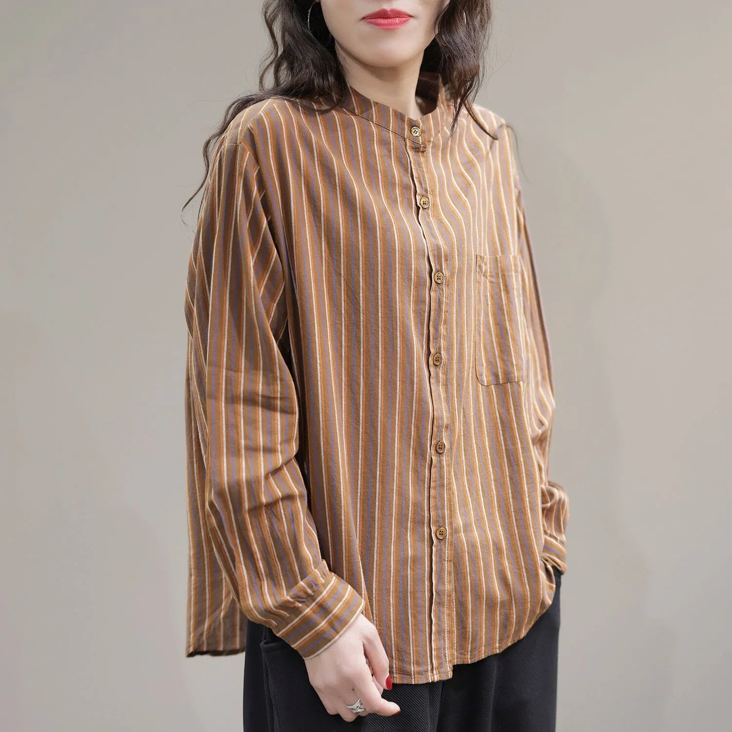 Women Spring Casual Stripe Cotton Loose Blouse