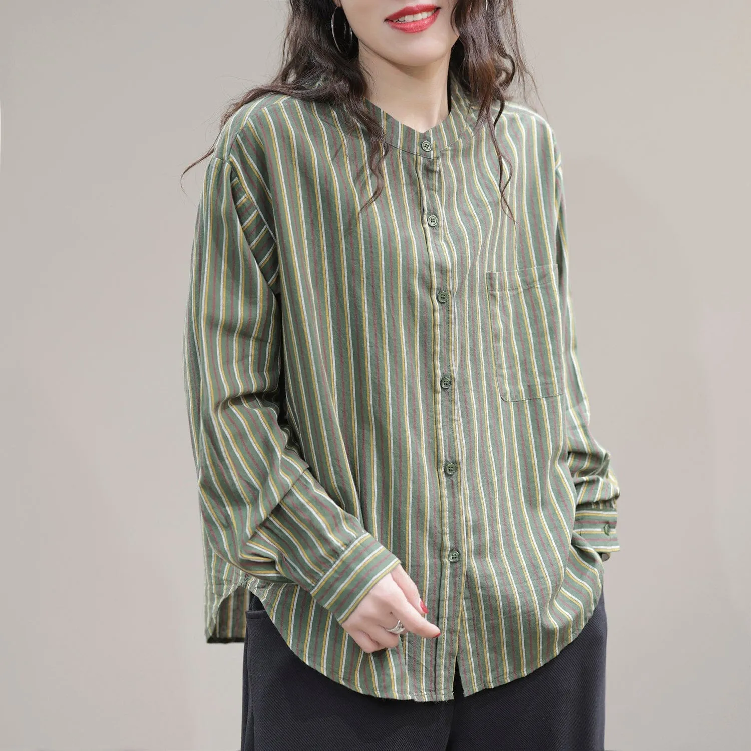 Women Spring Casual Stripe Cotton Loose Blouse