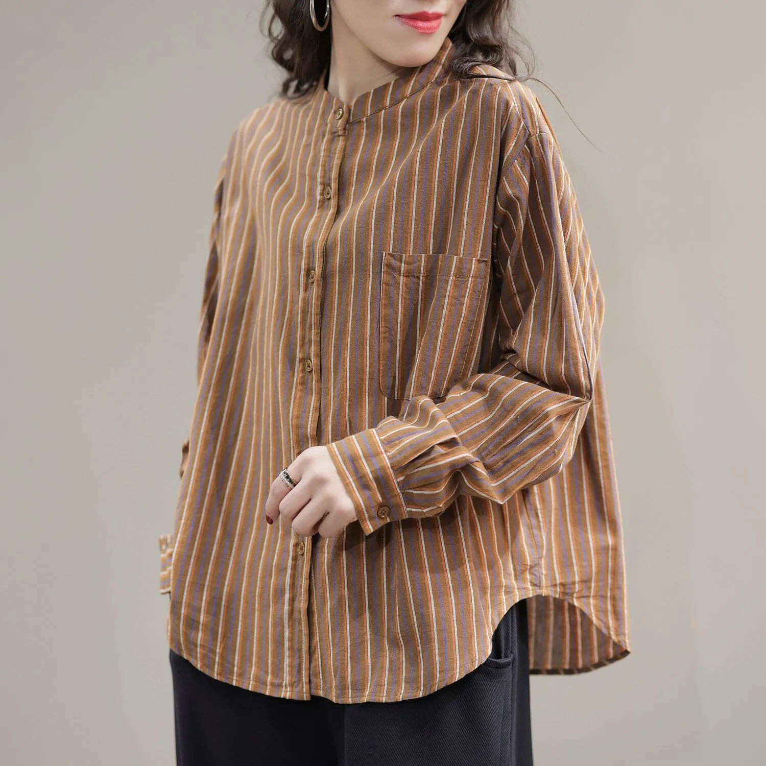 Women Spring Casual Stripe Cotton Loose Blouse