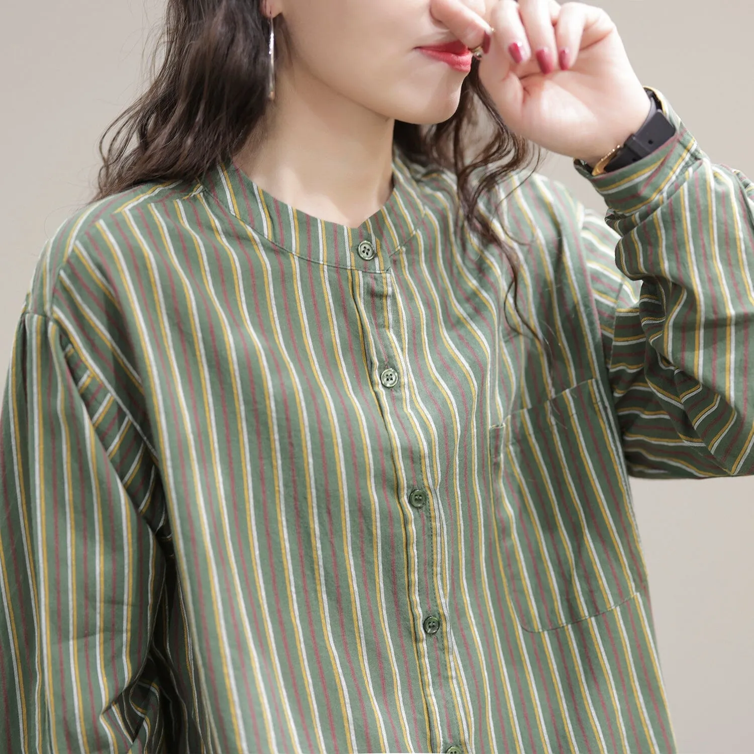 Women Spring Casual Stripe Cotton Loose Blouse